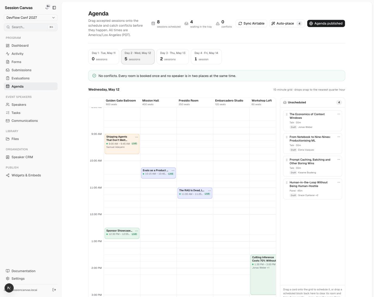 The agenda builder: a room-by-time grid for one day with scheduled session cards and the unscheduled tray on the right