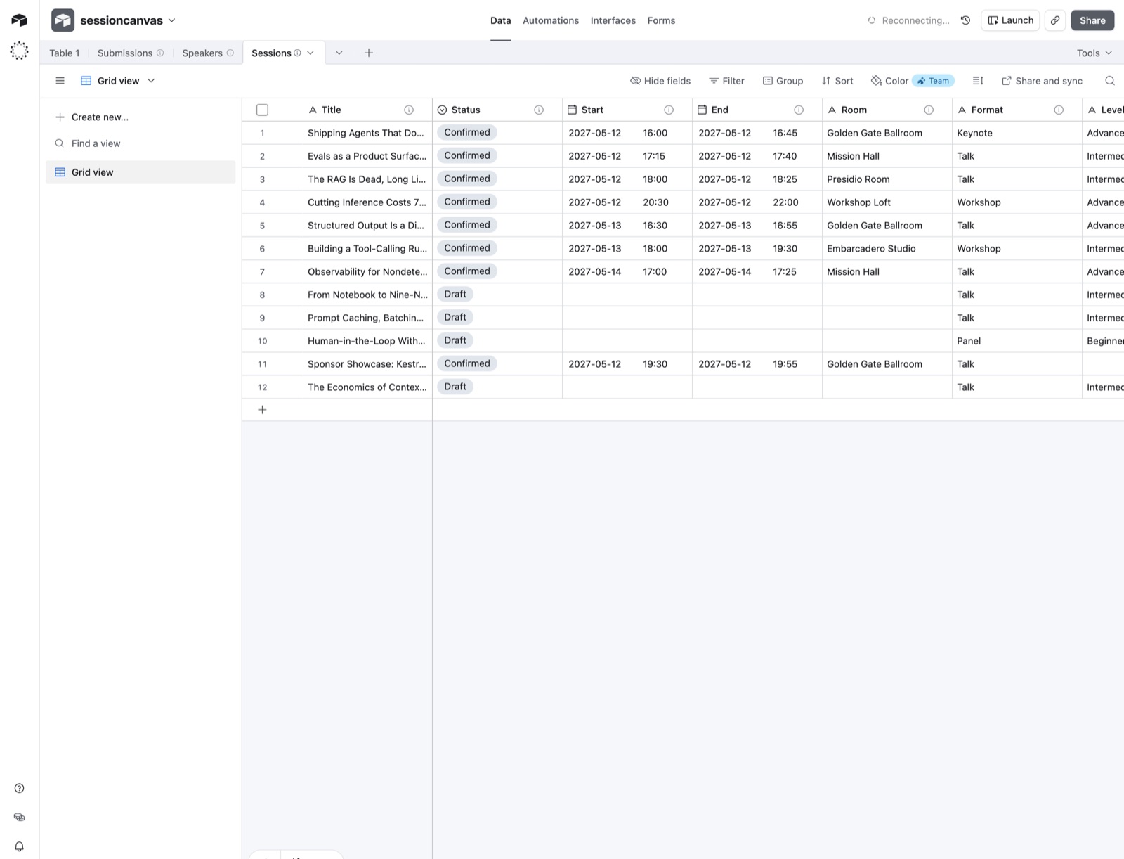 The Sessions mirror table in Airtable with Confirmed and Draft statuses, start and end times, room and format columns