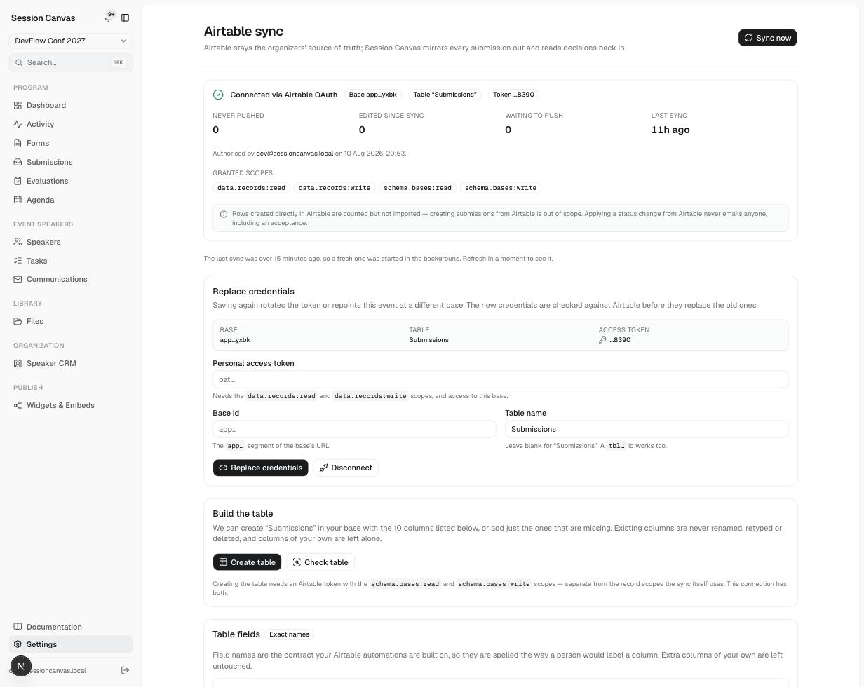 The Airtable settings page in the Session Canvas admin, showing the connection controls and sync status