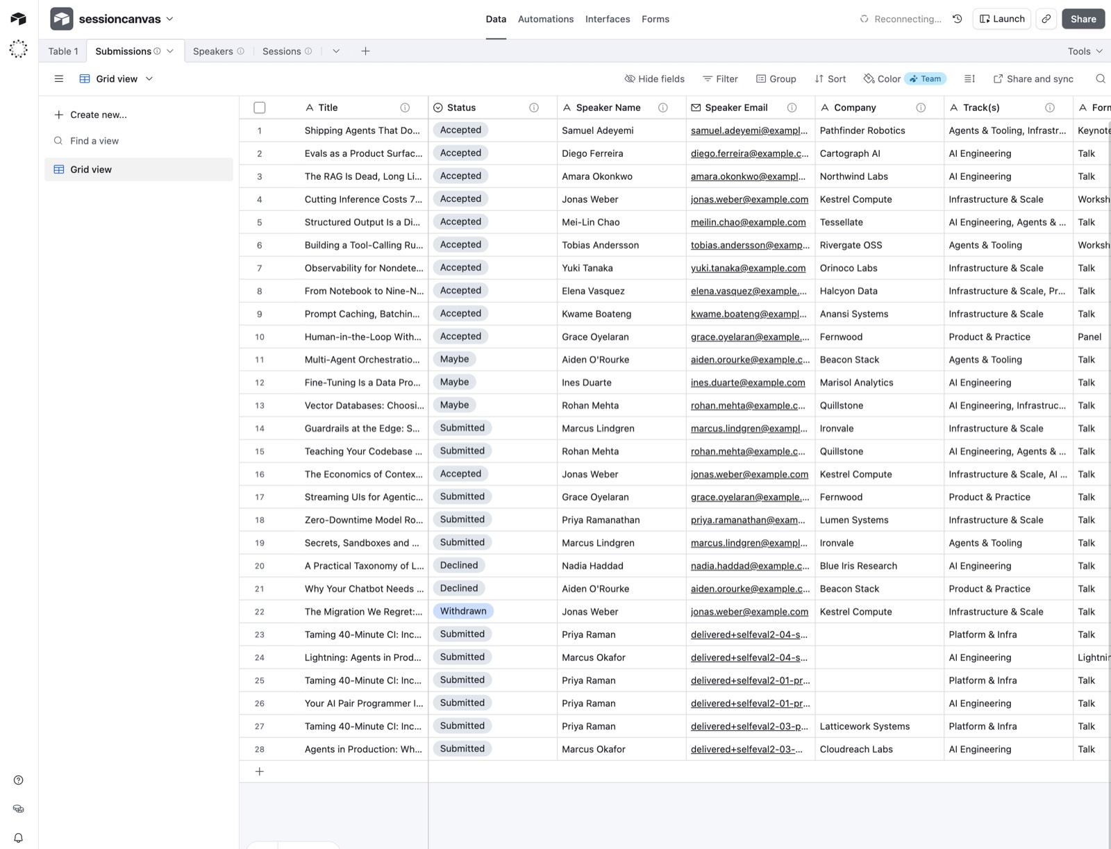 The Submissions table in Airtable filled with synced proposals — Status single-selects showing Accepted, Maybe, Submitted, Declined and Withdrawn, plus speaker, company, track and format columns