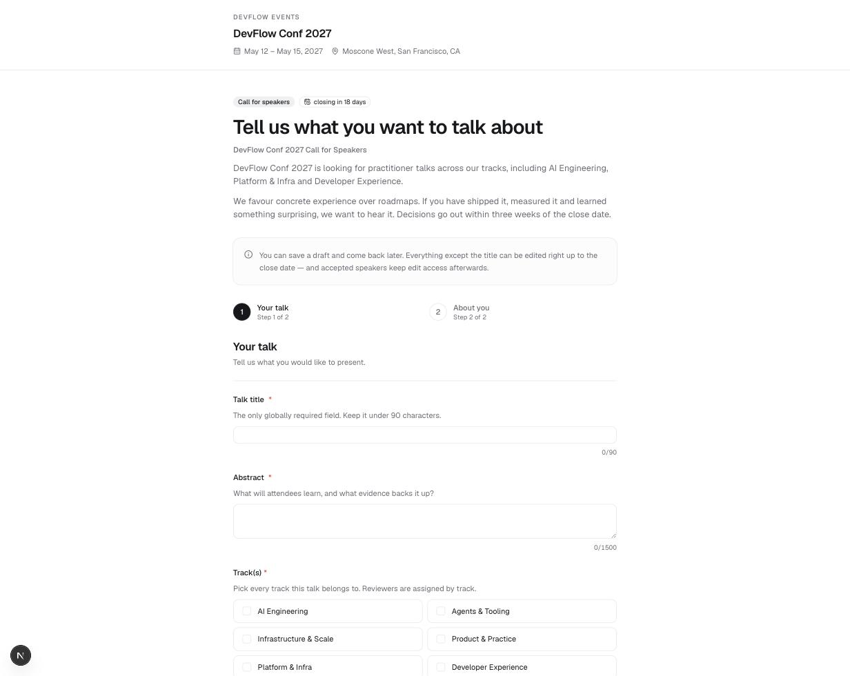 The public call-for-speakers page with the welcome message, deadline badge, stepper, and the Your talk step