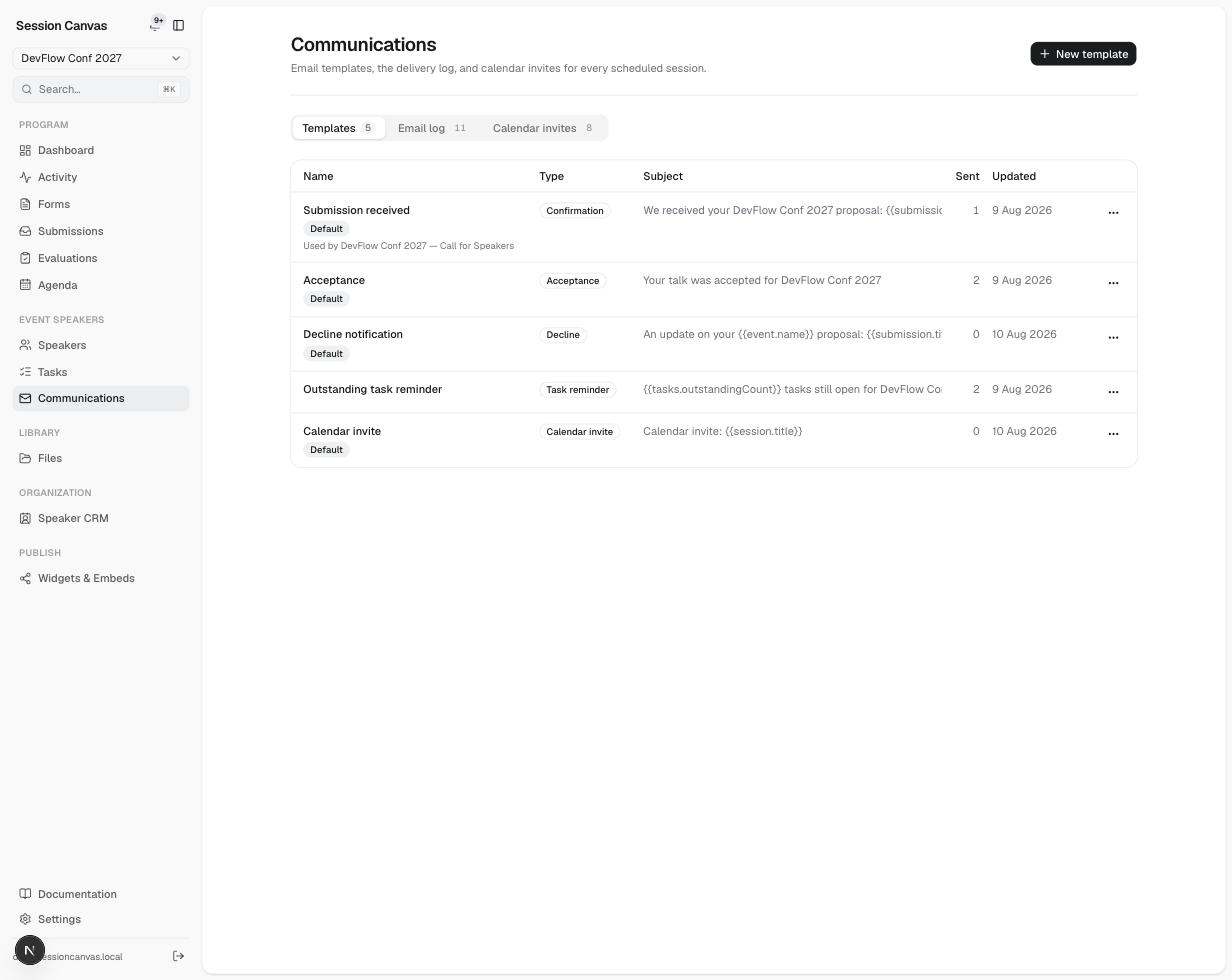 The Communications page showing the Templates tab with the five default templates, and tabs for the email log and calendar invites
