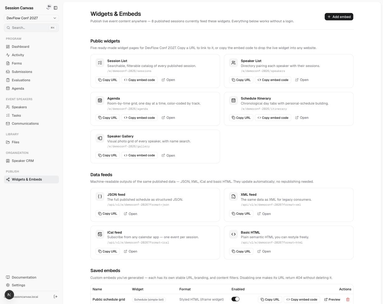 The Widgets & Embeds admin page listing public widgets, data feeds, and saved embeds with copy buttons