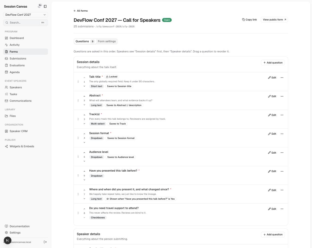 The form builder showing Session details questions with drag handles, required markers, and per-question Edit buttons