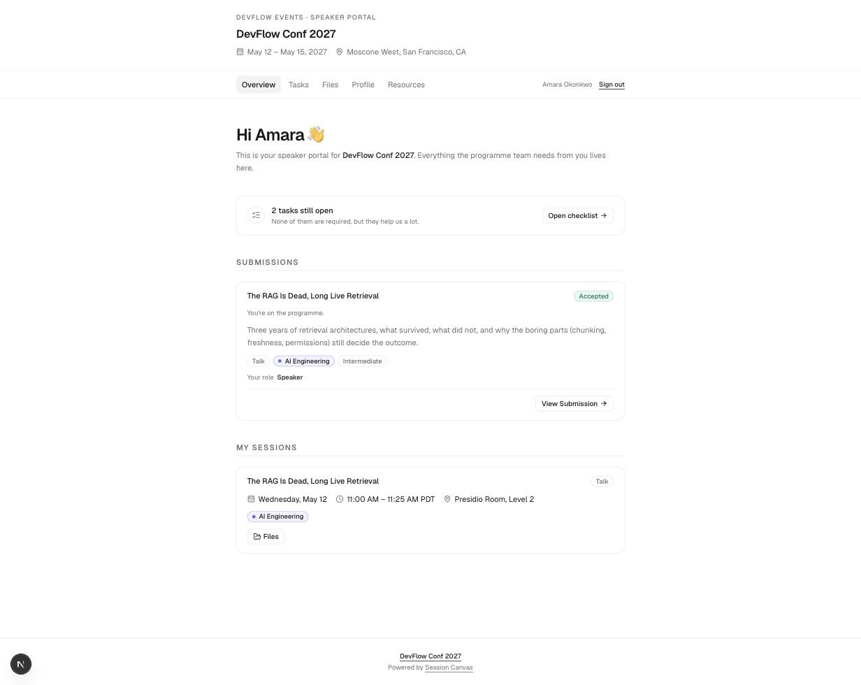 The speaker portal overview with a task summary, the speaker's submission with its Accepted status, and their scheduled session