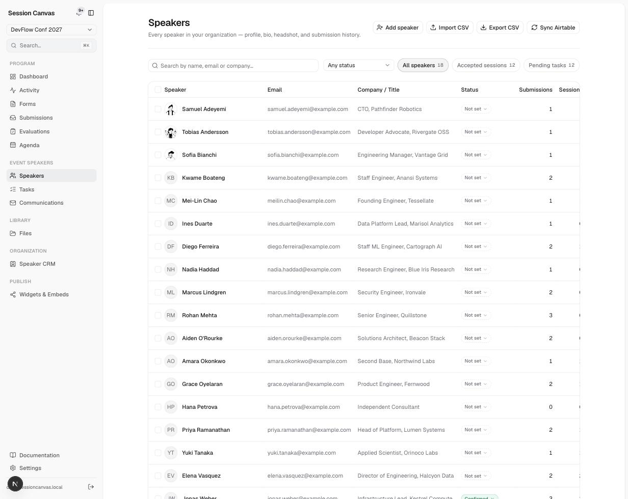 The Speakers table with search, status filter, quick filters for accepted sessions and pending tasks, and per-speaker submission and session counts
