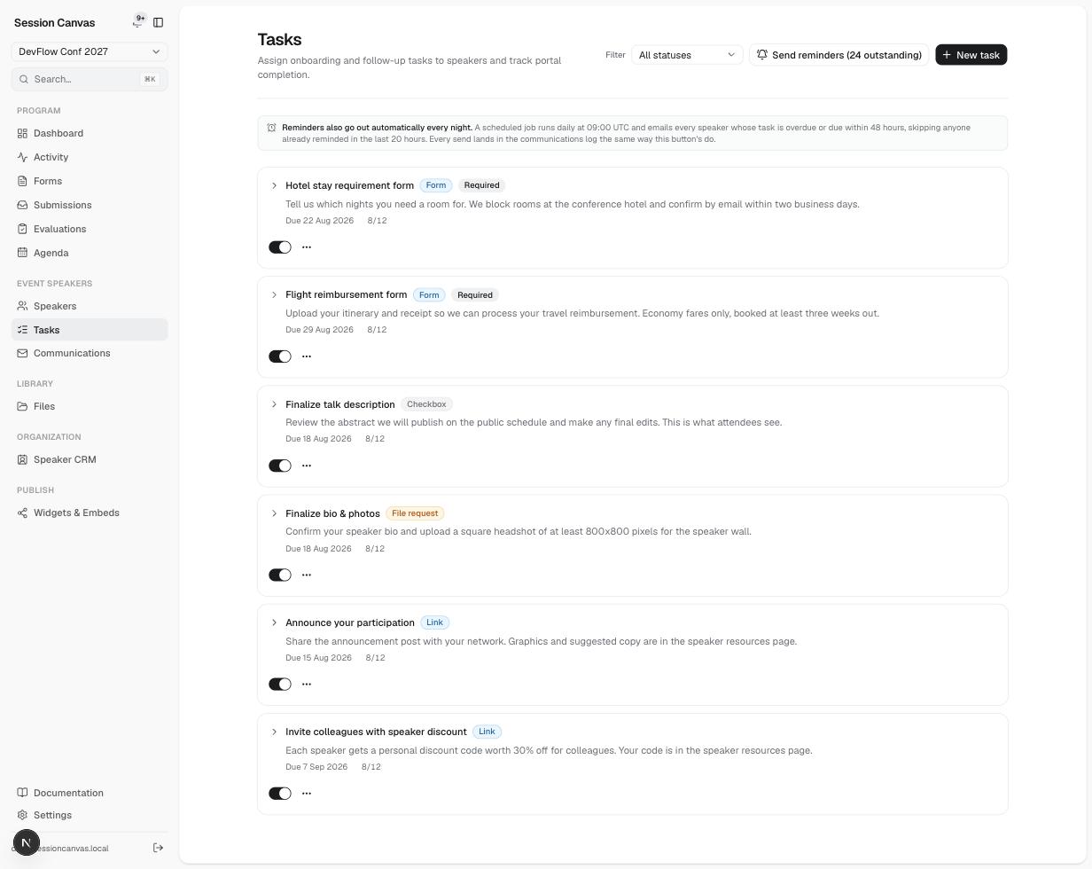 The Tasks admin page listing task templates like Hotel stay requirement form and Finalize bio & photos, each with type badge, due date and completion count